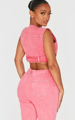 Discount PrettyLittleThing Shape Denim Cropped Zip Detail Sleeveless Jacket Washed Red