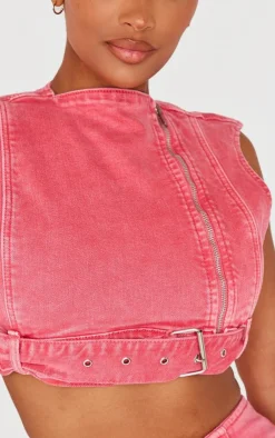 Discount PrettyLittleThing Shape Denim Cropped Zip Detail Sleeveless Jacket Washed Red
