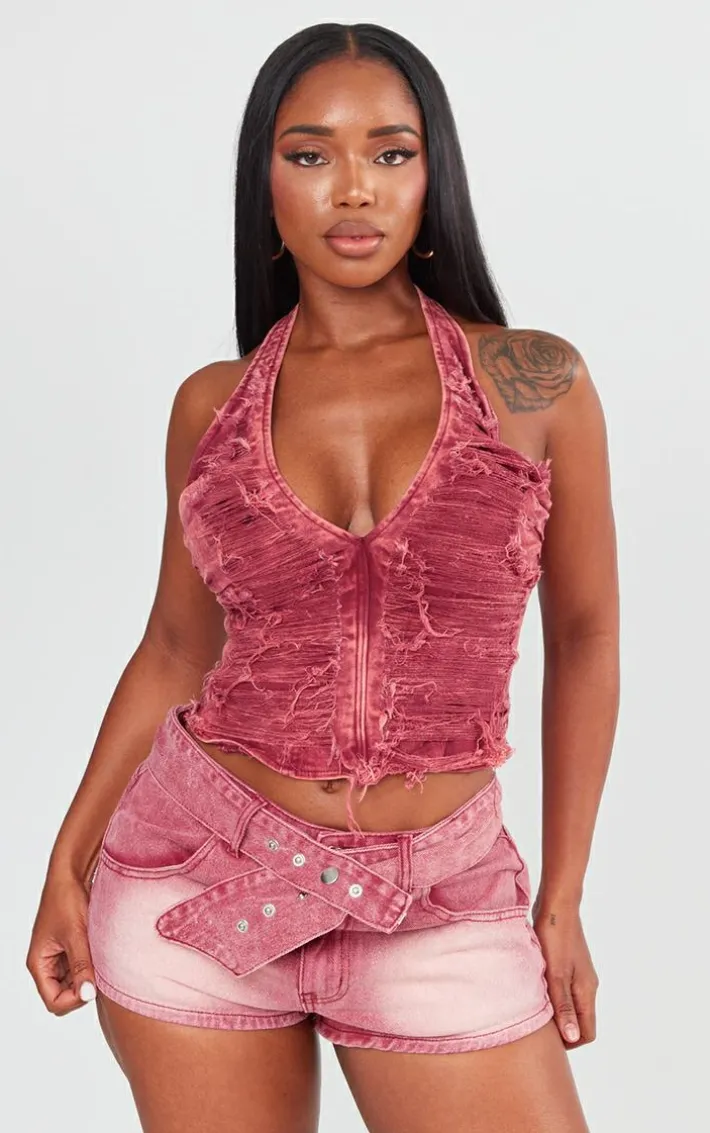 Shape Washed Red Denim Distressed Halterneck Longline Top