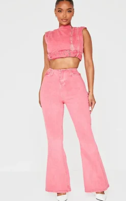 Clearance PrettyLittleThing Shape Denim Low Rise Flare Jeans Washed Red