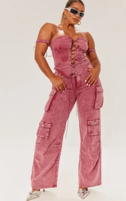 Best PrettyLittleThing Shape Denim Pocket Detail Cargo Jeans Washed Red