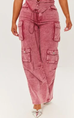Best PrettyLittleThing Shape Denim Pocket Detail Cargo Jeans Washed Red