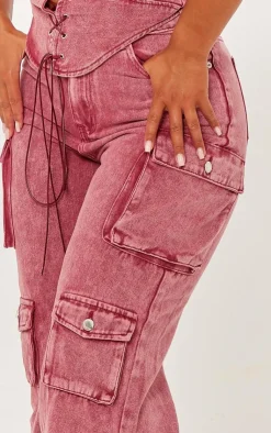 Best PrettyLittleThing Shape Denim Pocket Detail Cargo Jeans Washed Red