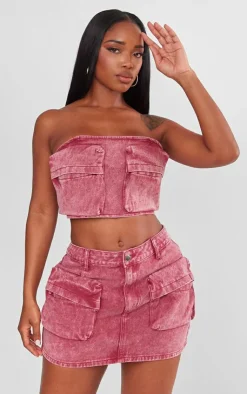 Clearance PrettyLittleThing Shape Denim Pocket Detail Bandeau Crop Top Washed Red