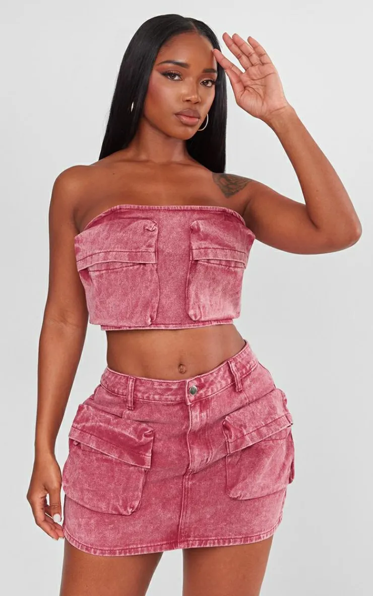 Clearance PrettyLittleThing Shape Denim Pocket Detail Bandeau Crop Top Washed Red