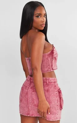 Clearance PrettyLittleThing Shape Denim Pocket Detail Bandeau Crop Top Washed Red