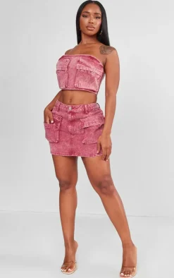 Clearance PrettyLittleThing Shape Denim Pocket Detail Bandeau Crop Top Washed Red
