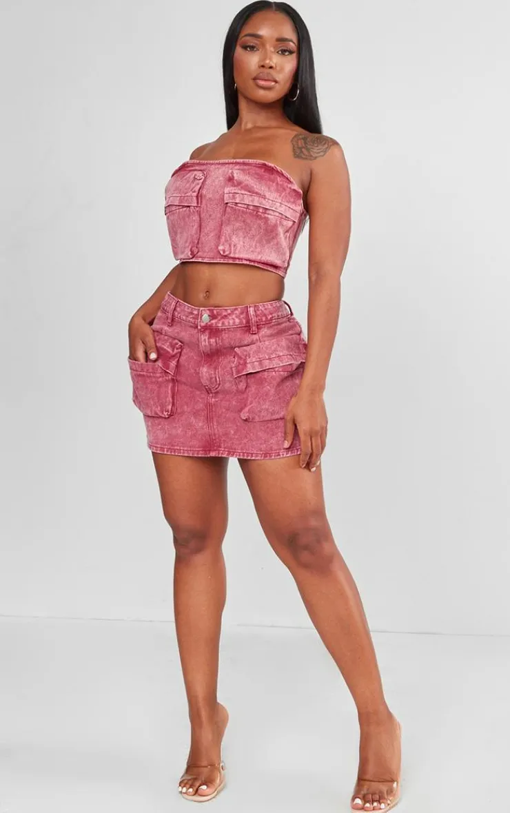 Clearance PrettyLittleThing Shape Denim Pocket Detail Bandeau Crop Top Washed Red