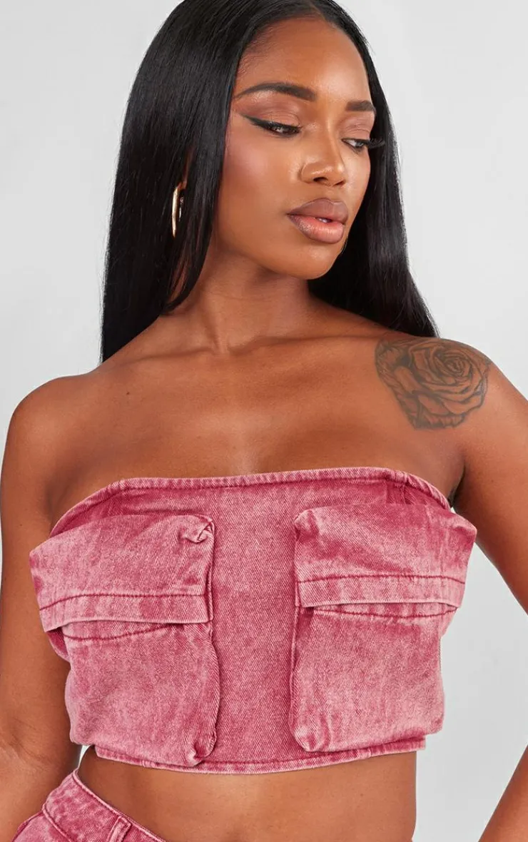 Clearance PrettyLittleThing Shape Denim Pocket Detail Bandeau Crop Top Washed Red