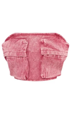 Clearance PrettyLittleThing Shape Denim Pocket Detail Bandeau Crop Top Washed Red
