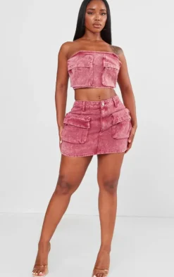 Online PrettyLittleThing Shape Denim Pocket Mini Skirt Washed Red