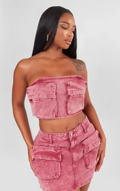 Online PrettyLittleThing Shape Denim Pocket Mini Skirt Washed Red