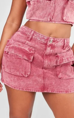 Online PrettyLittleThing Shape Denim Pocket Mini Skirt Washed Red