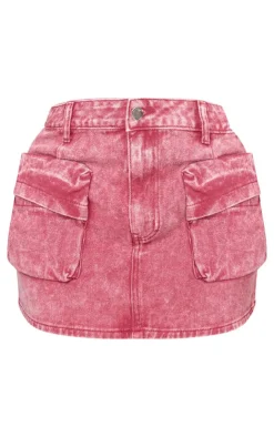 Online PrettyLittleThing Shape Denim Pocket Mini Skirt Washed Red