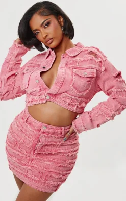 Discount PrettyLittleThing Shape Distressed Denim Mini Skirt Washed Red