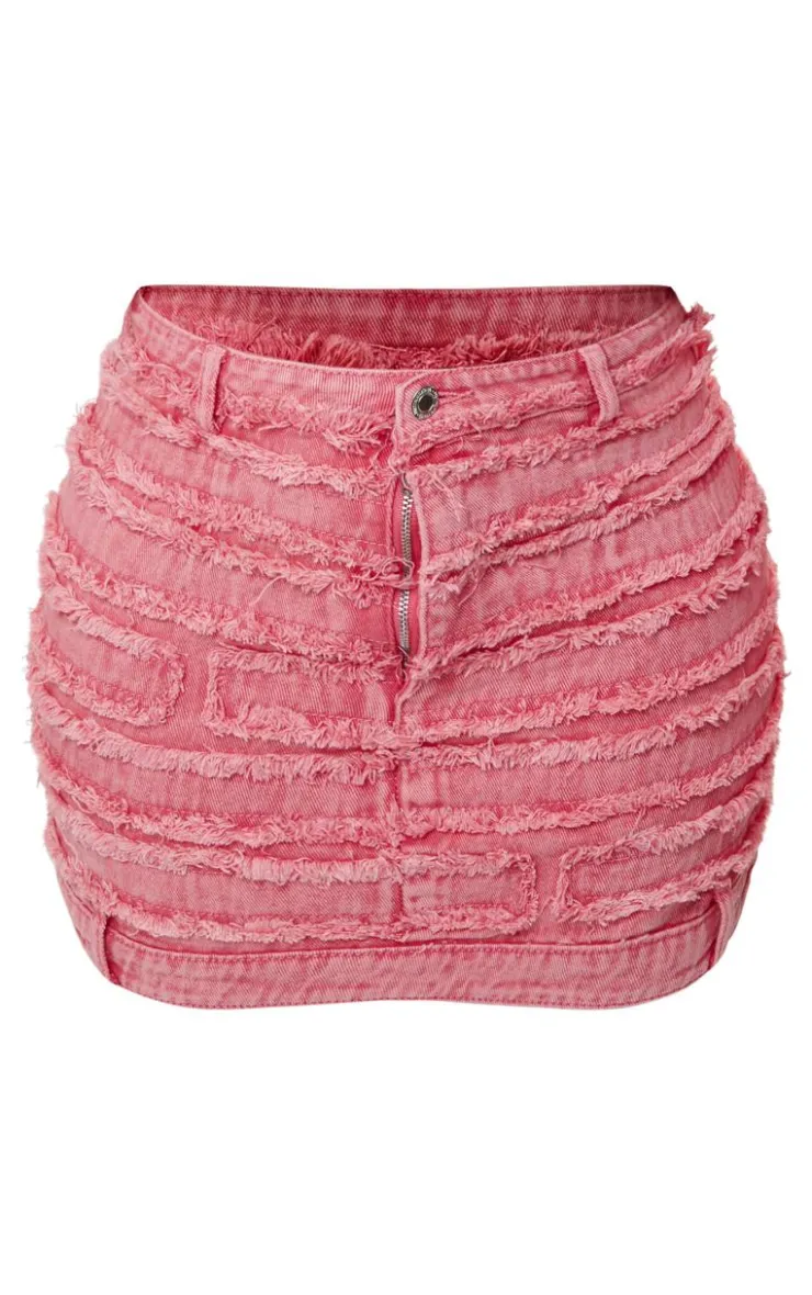 Discount PrettyLittleThing Shape Distressed Denim Mini Skirt Washed Red