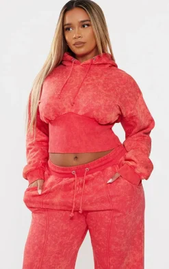 Outlet PrettyLittleThing Shape Sweat Cropped Shirred Waist Hoodie Washed Red