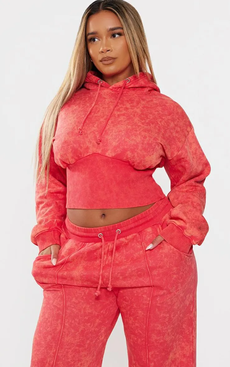 Outlet PrettyLittleThing Shape Sweat Cropped Shirred Waist Hoodie Washed Red