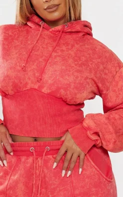Outlet PrettyLittleThing Shape Sweat Cropped Shirred Waist Hoodie Washed Red