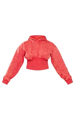 Outlet PrettyLittleThing Shape Sweat Cropped Shirred Waist Hoodie Washed Red