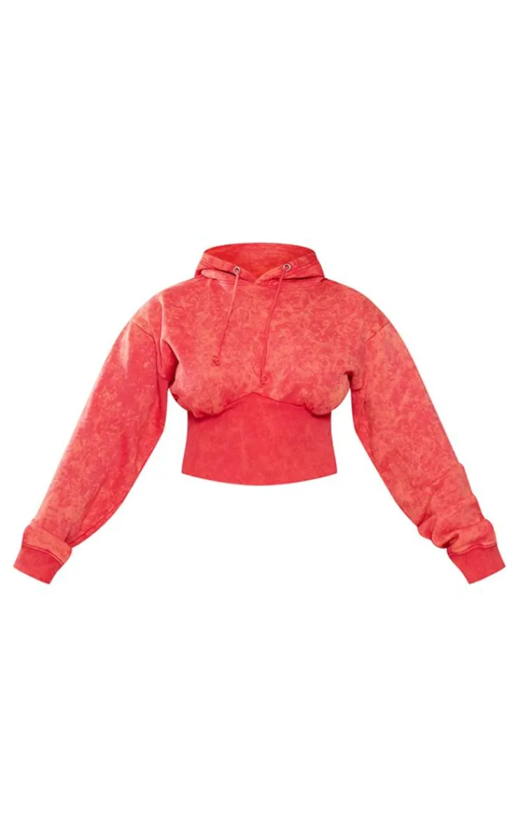 Outlet PrettyLittleThing Shape Sweat Cropped Shirred Waist Hoodie Washed Red