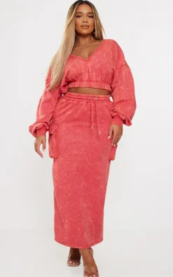 PrettyLittleThing Shape Sweat Maxi Skirt Washed Red