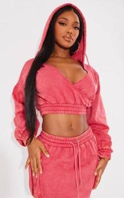 Discount PrettyLittleThing Shape Sweat Wrap Hoodie Washed Red