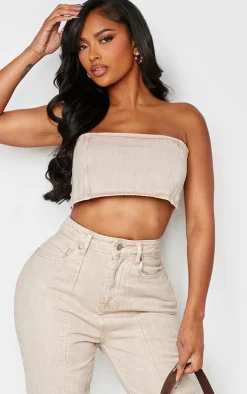 Hot PrettyLittleThing Shape Denim Square Bandeau Top Washed Stone