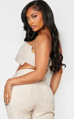 Hot PrettyLittleThing Shape Denim Square Bandeau Top Washed Stone