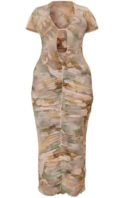 Shape Watercolour Print Sheer Mesh Plunge Ruched Midaxi Dress-PrettyLittleThing Hot