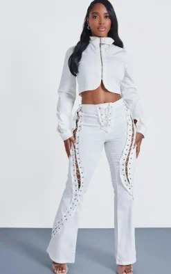 Hot PrettyLittleThing Shape Denim Lace Up Detail Flare Jeans White