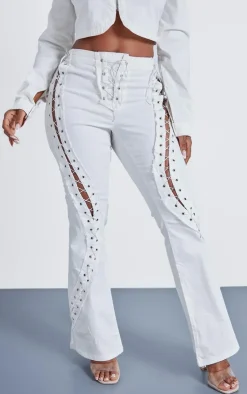 Hot PrettyLittleThing Shape Denim Lace Up Detail Flare Jeans White