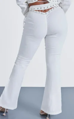 Hot PrettyLittleThing Shape Denim Lace Up Detail Flare Jeans White