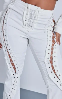 Hot PrettyLittleThing Shape Denim Lace Up Detail Flare Jeans White