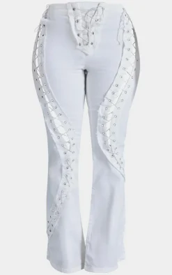 Hot PrettyLittleThing Shape Denim Lace Up Detail Flare Jeans White