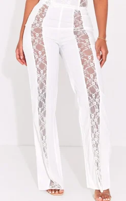 PrettyLittleThing Shape Lace Insert Woven Straight Leg Pants White
