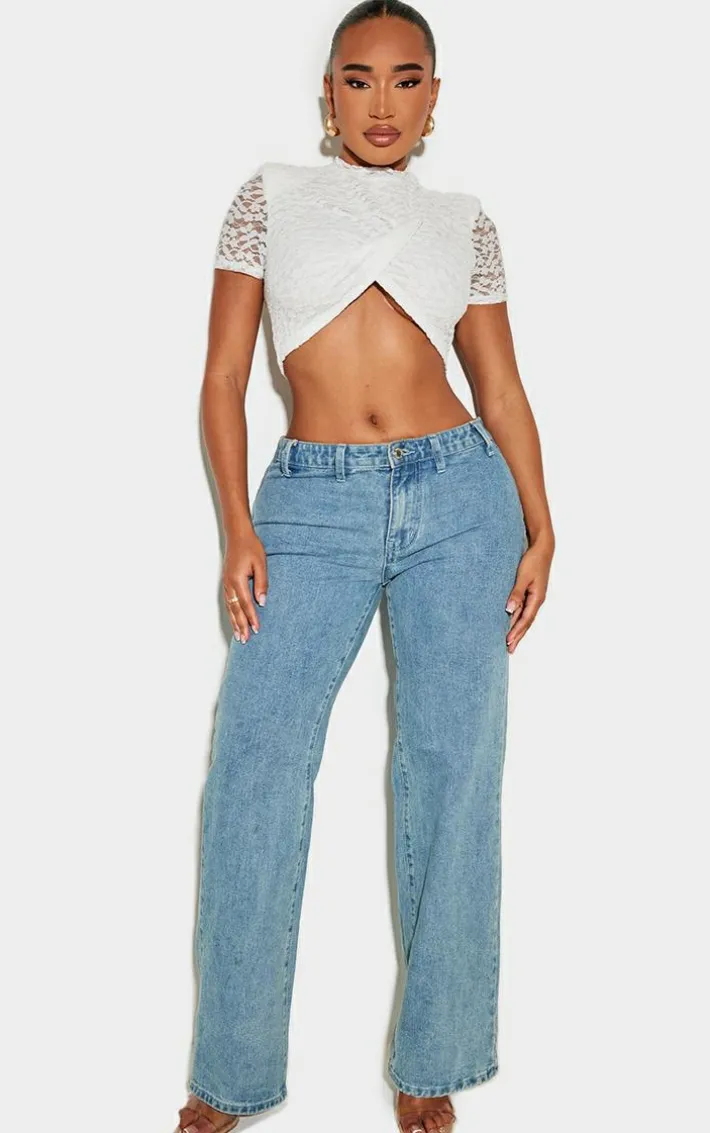 Shape White Lace Textured Shoulder Pad Cropped Top