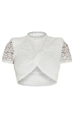 Shape White Lace Textured Shoulder Pad Cropped Top