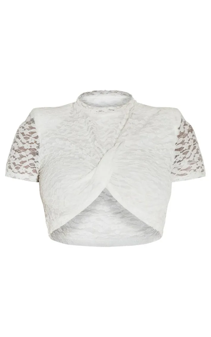 Shape White Lace Textured Shoulder Pad Cropped Top
