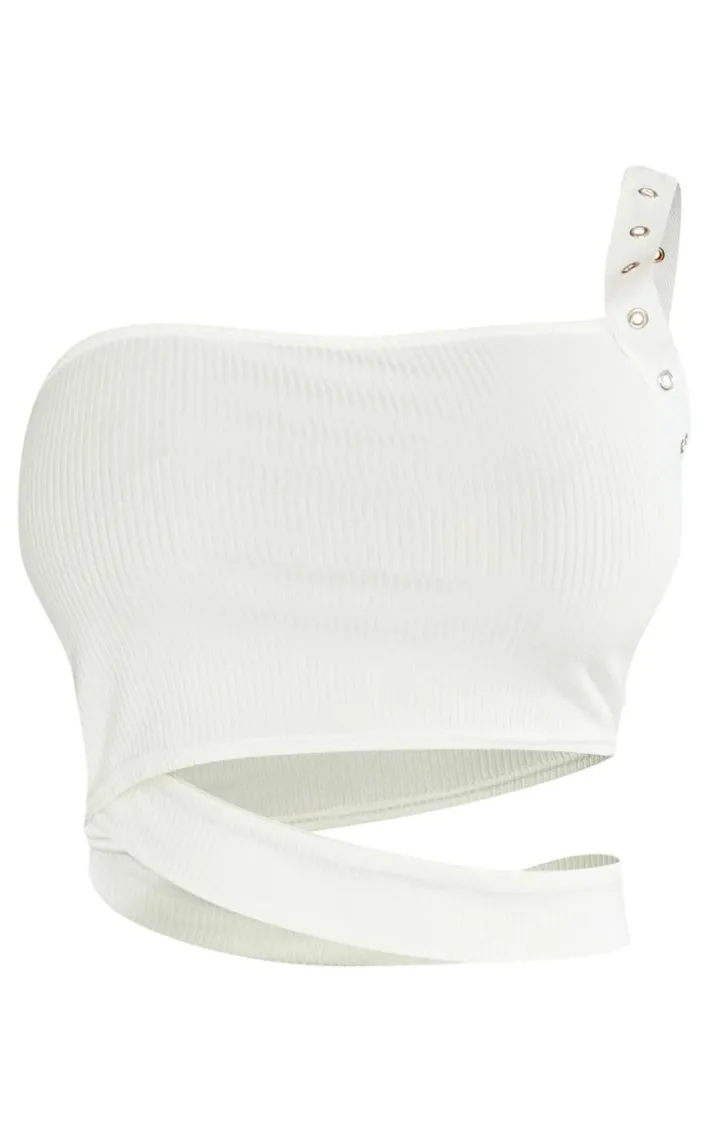 Shape White Rib Cut Out Studded Strap Crop Top
