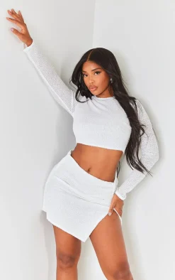 Discount PrettyLittleThing Shape Sequin Long Sleeve Cropped Top White