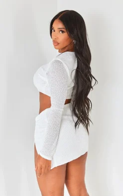 Discount PrettyLittleThing Shape Sequin Long Sleeve Cropped Top White
