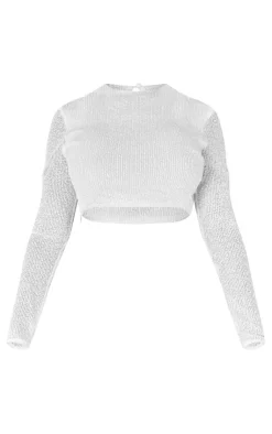 Discount PrettyLittleThing Shape Sequin Long Sleeve Cropped Top White