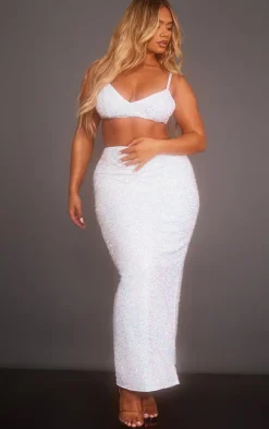 Online PrettyLittleThing Shape Sequin Maxi Skirt White