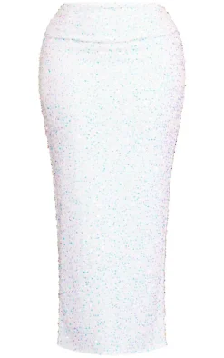 Online PrettyLittleThing Shape Sequin Maxi Skirt White