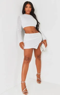 PrettyLittleThing Shape Sequin Ruched Side Low Rise Micro Mini Skirt White