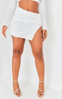 PrettyLittleThing Shape Sequin Ruched Side Low Rise Micro Mini Skirt White
