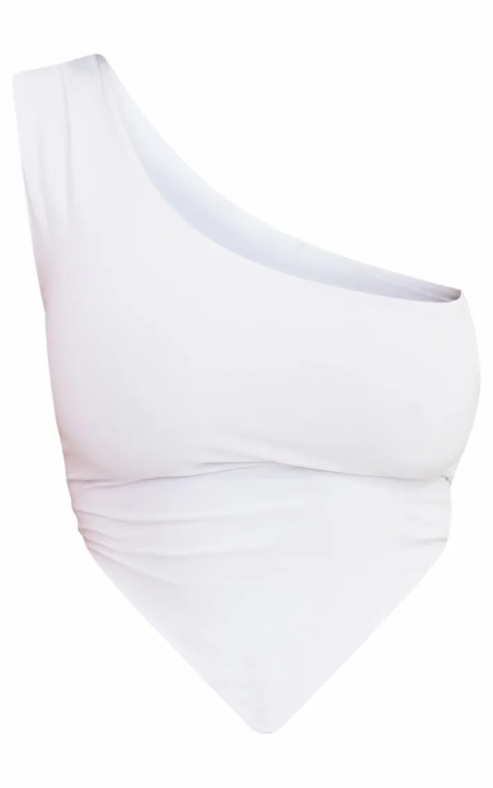 Shape White Slinky One Shoulder Curved Hem Crop Top