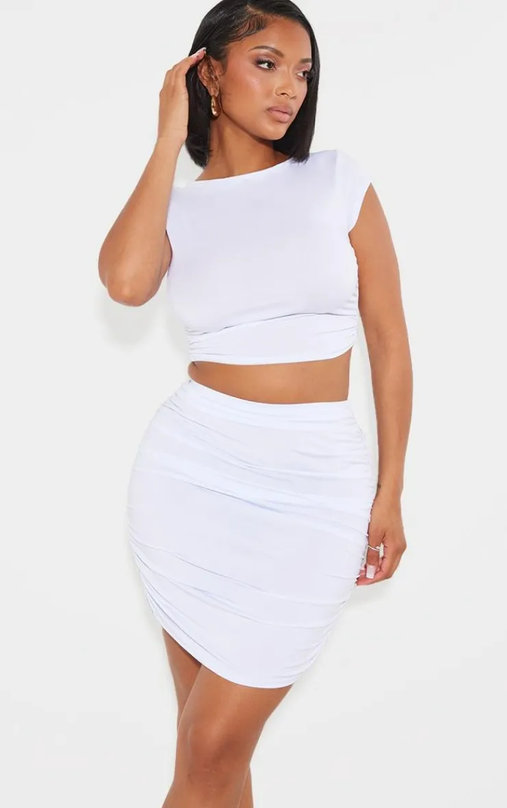 Sale PrettyLittleThing Shape Slinky Ruched Side Mini Skirt White