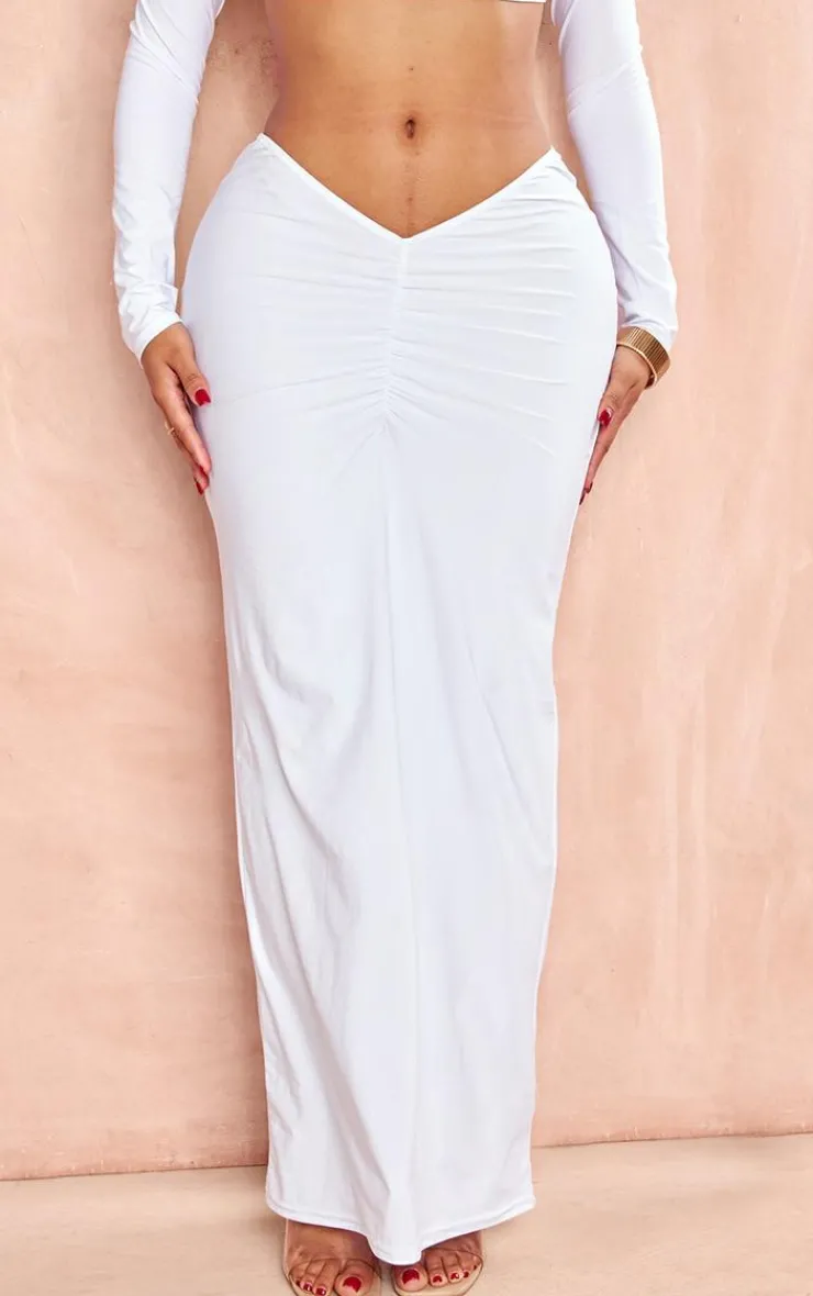 Sale PrettyLittleThing Shape Slinky Ruched Maxi Skirt White